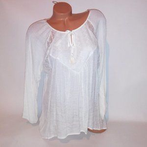 No Boundaries Blouse XL 15 17 Ivory Lace Boho Long Sleeve Solid Tassel Pit to Pi
